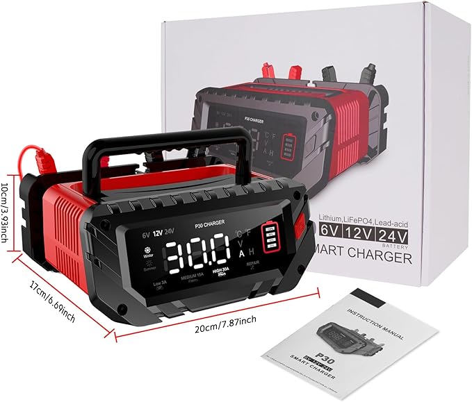 30-Amp Car Battery Charger, 6V/12V/24V Smart Automatic Automotive Charger, Battery Maintainer, Trickle Charger for Car, Motorcycle, Boat, Lead-Acid, Lithium, LiFePo4 Battery