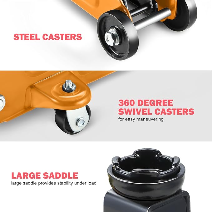 DNA MOTORING Low Profile Hydraulic Trolley Service/Floor Jack, 1.5 Ton (3000 lbs) Capacity, Lifting Range 5.3"-12", Orange, TOOLS-00326-OG
