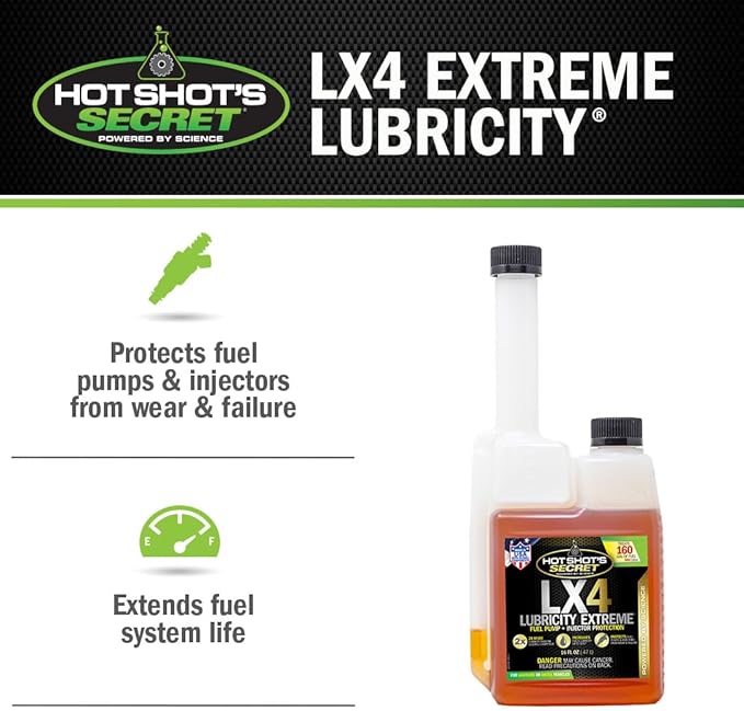 Hot Shot's Secret LX4 Lubricity Extreme– 16oz - Fuel System Protection– Lubricates and Protects Fuel Pump and Injectors– Prevents Wear and Damage – For Gasoline or Diesel Engines, Packaging May Vary