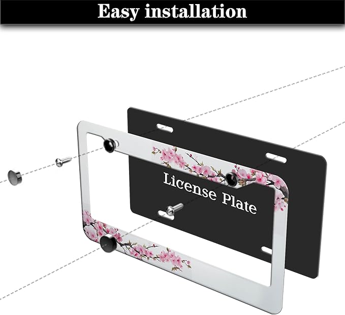 License Plate Frames for Men Powder License Plate Frame for Women Beautiful Cherry Blossom Aluminum Metal Car Accessory 2 Pack with Screw Covers Set