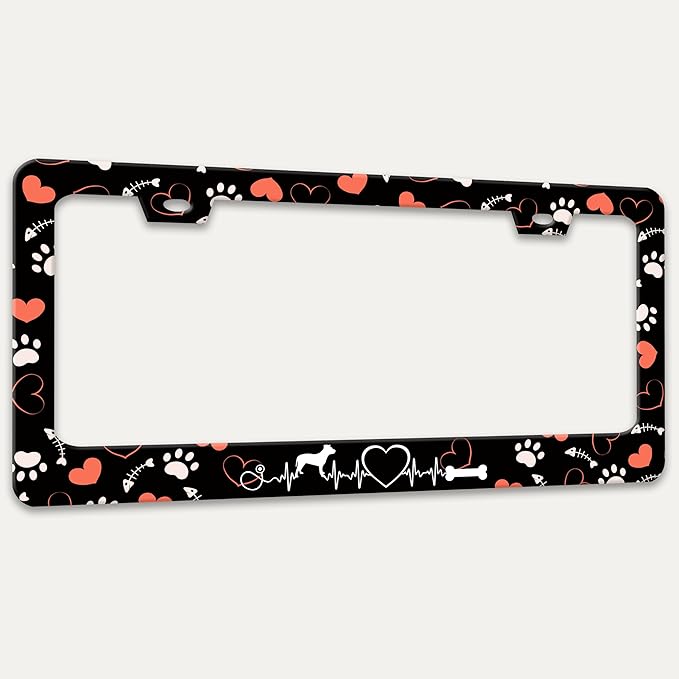 Dog Paw Prints License Plate Frame Dog Lover License Plate Holders Funny Stainless Steel Auto Accessory Bracket 2 Hole with Screws Universal Us Car License Plate Frames 6x12 Inch for Women Men