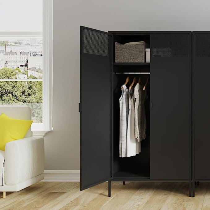 Metal Storage Cabinets Locker with Hanging Rod and Adjustable Shelves, 71'' Clothing Steel Storage Wardrobe for Home & Office, School, Employee,Gym(Black, 71''H-Wardrobe)