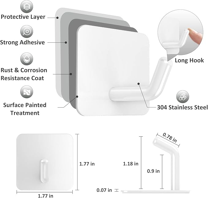 VIS'V Adhesive Hooks, Heavy Duty Shower Wall Stick on Hooks, Waterproof, White, 6 Pcs