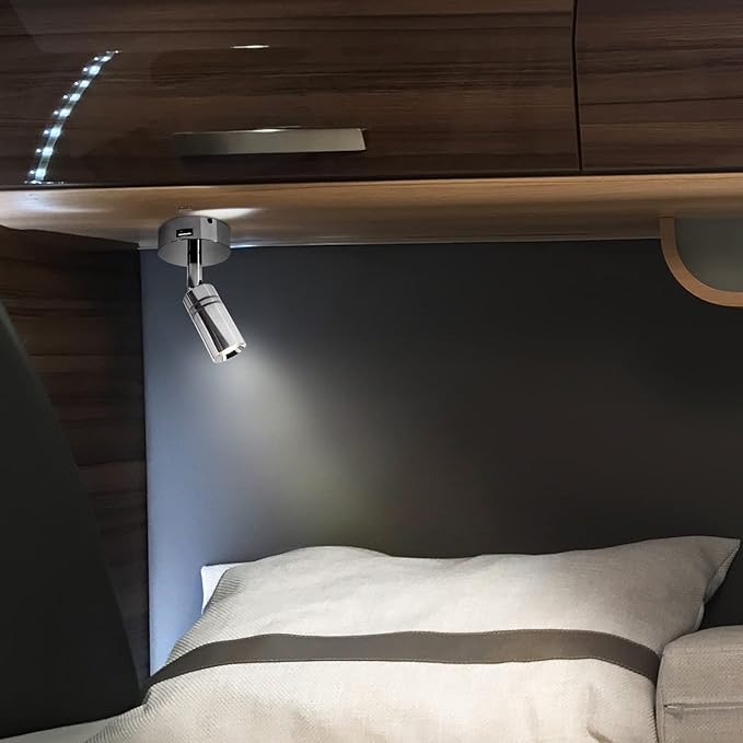 THALASSA 12V Interior LED RV Reading Lamp with 5V USB Port - Built-in Touch Switch, Dimmable Brightness, Surface Mounted on Wall Headboard of Boat Camper Van Travel Trailer Truck Cars Interior Light