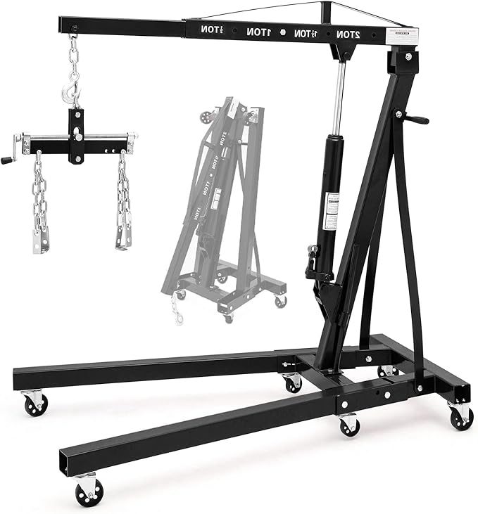 Engine Hoist with Lever, 2 Ton 4000 Lbs Heavy Duty Folding Cherry Picker Engine Lift Hydraulic Tilting Engine Shop Crane with 6 Iron Caster Wheels Telescopic Boom Hitch,Black