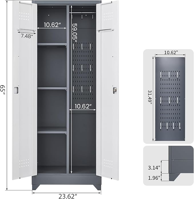 GREATMEET 65" Garage Storage Cabinet, Broom Closet Storage Cabinet, Metal Cabinets with Doors and Shelves, Utility Closet for Brooms and Mops, Utility Cabinets for Storage, Grey&White