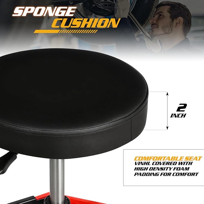 Magshion Adjustable Mechanics Stool with Wheels – 300 lbs Capacity Rolling Shop Stool for Garage & Workshop, Pneumatic Height Adjustable Work Chair with Tool Tray (Red)