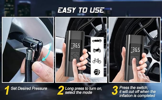Tire Inflator Portable Air Compressor - Air Pump for Car Tires with Tire Pressure Gauge (120 PSI) - Portable Tire Inflator for Car, Tire Pump for Motorcycle, Bicycle and More