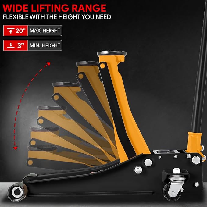 DNA MOTORING Low Profile Hydraulic Trolley Service/Floor Jack, 3 Ton (6000 lbs) Capacity Heavy Duty Hydraulic Car Jack, Lifting Range 3"-20", Orange, TOOLS-00475-OG