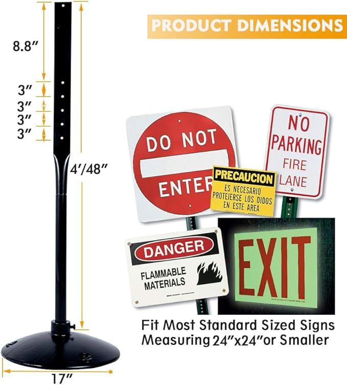 Heavy Duty Cast Iron Sign Post and Base Kit - 17" DIA Stand with 48" Post and Bolts & Nuts for Hanging Signs, Portable Sign Holder for Parking and Recreational Use