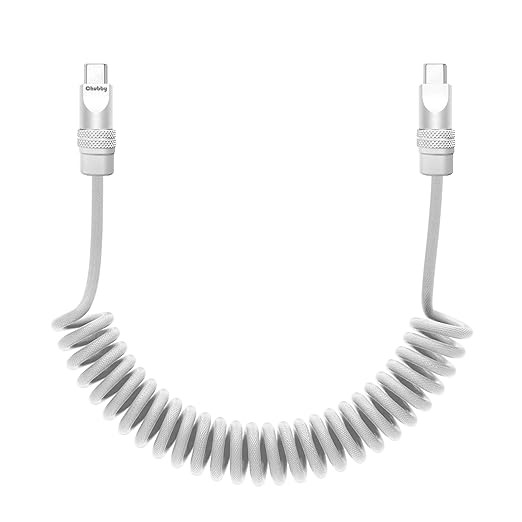 chubbycable Curly Chubby - Retractable Fast Charging Cable 240W Coiled Charger Cord for Car Durable USB-C Cable for Phones, Tablets and More, White, Type-C to Type-C, 1.3FT-2.3FT