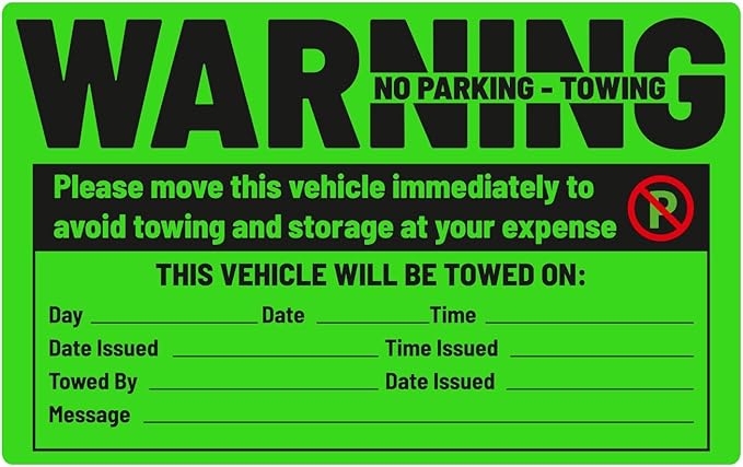 easykart labels 50 Parking Violation Sticker - Vehicle Illegally Parked Tow Notice - No Parking Warning Stickers - Scrap to Remove Neon Green 5 x 8 Inches