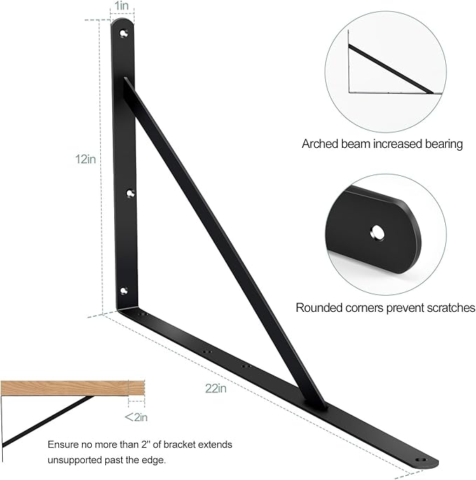 12 Pack L22 x H 12" Black Heavy Duty Shelf Brackets with Screws Metal Shelf Brackets Shelf Support Angle Brackets for Shelves L Brackets Heavy Duty Floating Shelf