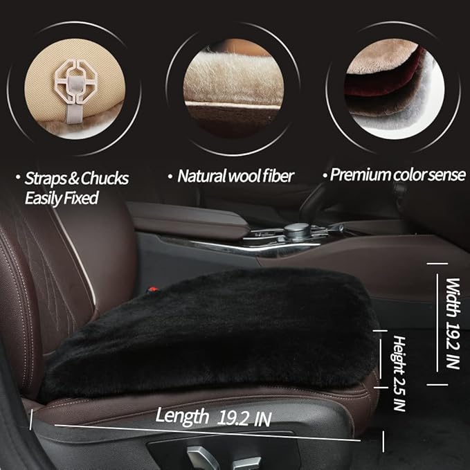 LLB Genuine Sheepskin Car Seat Cushion Seat Covers for Cars Trucks SUV Comfort Seat Protector Pad for Car Driver Seat Car Accessories for Women Office Chair Car Decor (Black Front Seat Cushion-1 Pc)