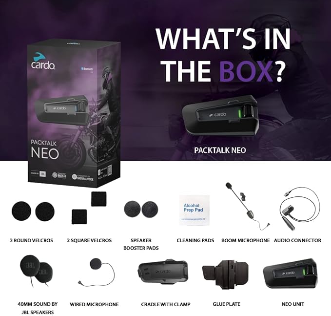 Cardo Packtalk Neo Motorcycle Helmet Communication Intercom System, Waterproof, 2nd Generation Mesh - Connect Up to 15 Riders, Natural Voice Operation, 40mm High Definition Speakers - Dual Pack