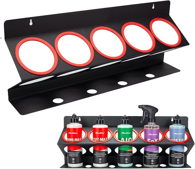 Maxshine Universal Detailing Spray Bottle Holder - Mobile Detailing & Car Garage Organizer, Holds 5 Sprayers (16/32oz) with 4 Small Holes, Lightweight Design, Easy Wall Mounting (No Logo)