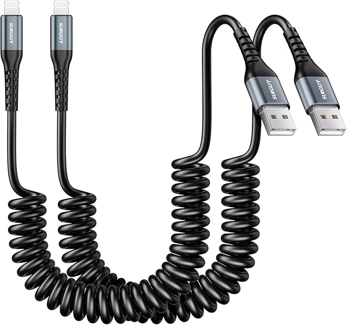 SUNGUY Coiled USB to Lightning Cable for Car, 2-Pack 3FT [MFi Certified] Retractable iPhone Charger Cable, Fast Charging CarPlay Cable for iPhone 14/13/12/11 Pro Max/XS MAX/XR/XS/iPad/iPod