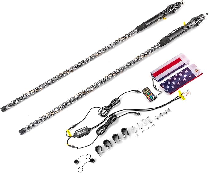 Wsays 2pcs 4ft RGB Led Whip Light with Spring Base Chasing Light with Flags and Controller Lighted Whips Fit for UTV, ATV, SUV, Car, Golf Cart, Truck, and Boat