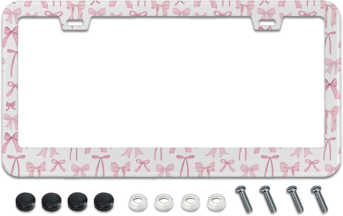License Plate Frame for Pink Bow Stainless Steel License Plate Frames Holder Covers Rust-Proof Auto Parts Decoration with Screws License Plate Holder for Car Accessories 12x6 Inch