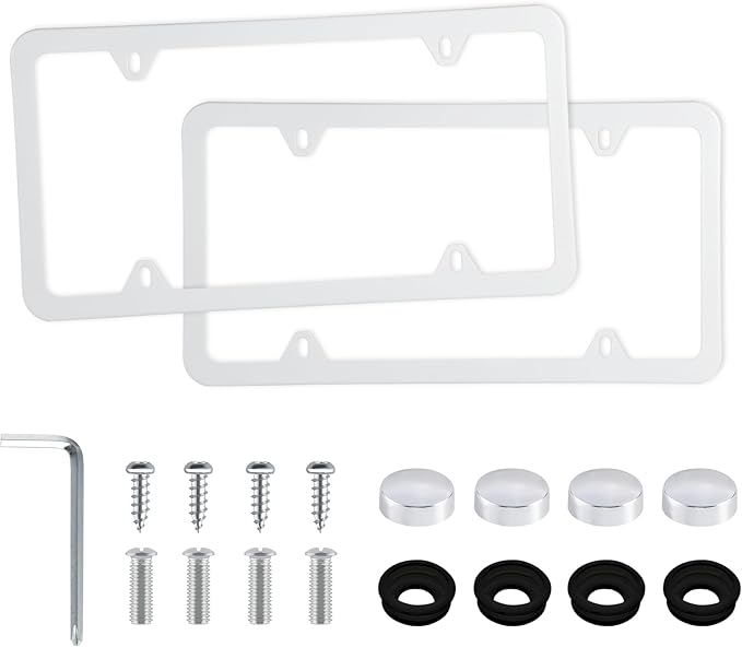 LivTee 4 Holes Stainless Steel License Plate Frames, 2 PCS Car Licence Plate Covers, Automotive Exterior Accessories Slim Design with Bolts Washer Caps for US Vehicles, White
