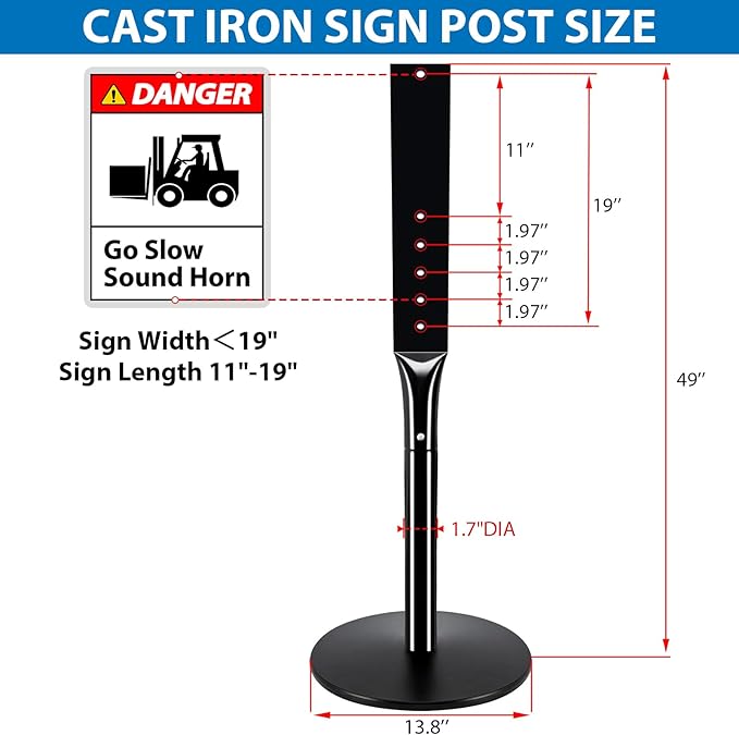 2Pack Heavy Duty Parking Sign Post for Outside, 20lbs Cast Iron Base Sign Post for Outdoor Sign Holder, Yard Sign Stand, Street Sign Post, 49" Height, Black