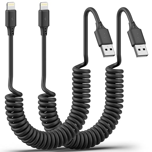 Coiled Lightning Cable 3FT for Car 2Pack, Stretchable iPhone Cord Fast Charging [MFi Certified] Coiled USB to Lightning Cable for iPhone 14 13 12 11 Pro Max XS 8 CarPlay