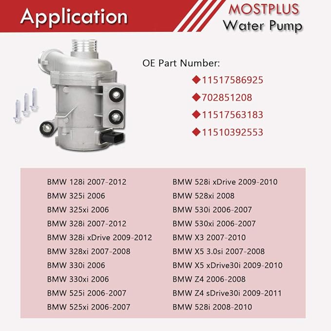 MOSTPLUS Electric Engine Water Pump Compatible with 11517586925 BMW N52 Z4 X3 X5 328i 128i 528i