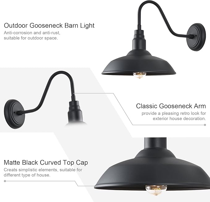 14in Outdoor Gooseneck Light Fixture for Porch, Large Exterior Barn Light with Wall Mount, Black Industrial Lighting Fixture for Farmhouse Garage Patio