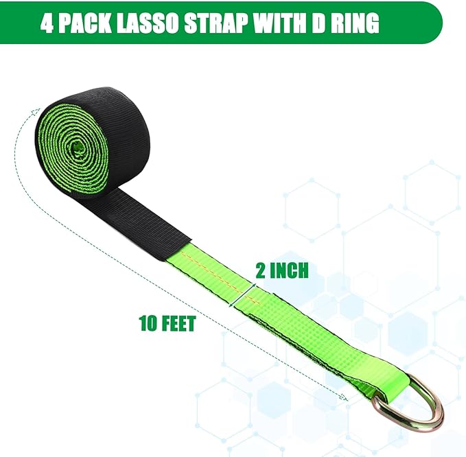 8Pack 2" X 10 ft Tow Truck Straps Lasso Wheel Lift Straps Lasso Tow Strap with D Ring 11, 000 Lbs Break Strength Auto Tie Down Auto Hauler for Trailer Truck Tie (Green)