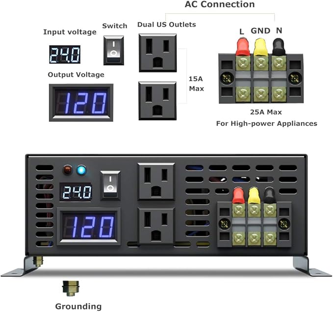 WZRELB Strong Driving Capacity 2500W 24VDC to 120VAC Pure Sine Wave Inverter Power Converter (RBP250024B1), Black