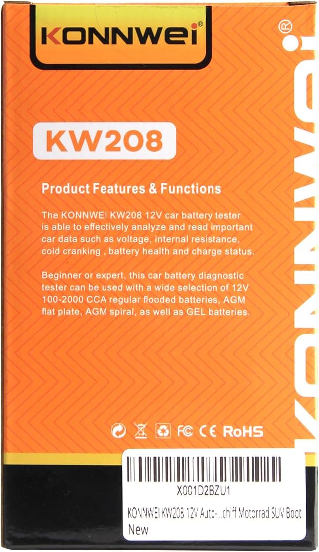 KONNWEI KW208 12V Car Battery Tester, 100-2000 CCA Load Tester Automotive Alternator Tester Digital Auto Battery Analyzer Charging Cranking System Tester for Truck Marine Motorcycle SUV Boat