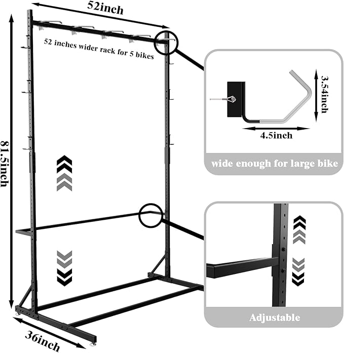 Freestanding Bike Storage Rack for 5 Bikes, 52" Wide Steel Vertical Bike Rack with 5 Bike Hooks & 6 Hooks for Helmet Storage, Bike Racks for Home and Garage, Indoor Floor Bike Stand