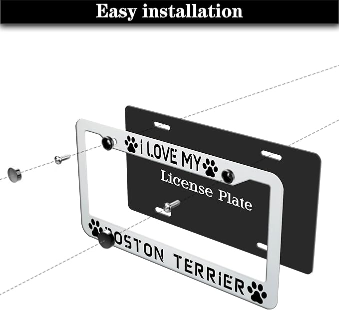License Plate Holder Black and White License Plate Frames I Love My Boston Terrier Aluminum Metal Car Accessory 2 Pack with Screw Covers Set
