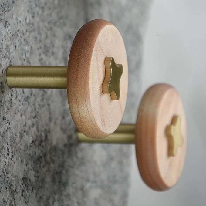 Solid Brass & Maple/Mahogany Wall Hooks 2 Pack - Decorative Heavy Duty Coat Hooks with Vintage Cross Screw Design for Entryway, Bathroom, Luxury Spaces TC008F