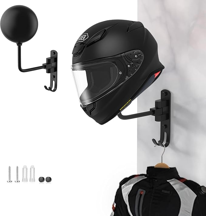 aiGear Motorcycle Helmet Holder, 180°Rotatable Motorcycle Helmet Rack with Double Hooks, Space Aluminum Motorcycle Helmet Holder Wall Mount for Motorcycle Bike Coats, Baseballs, Rugby Helmet (1 Pack)