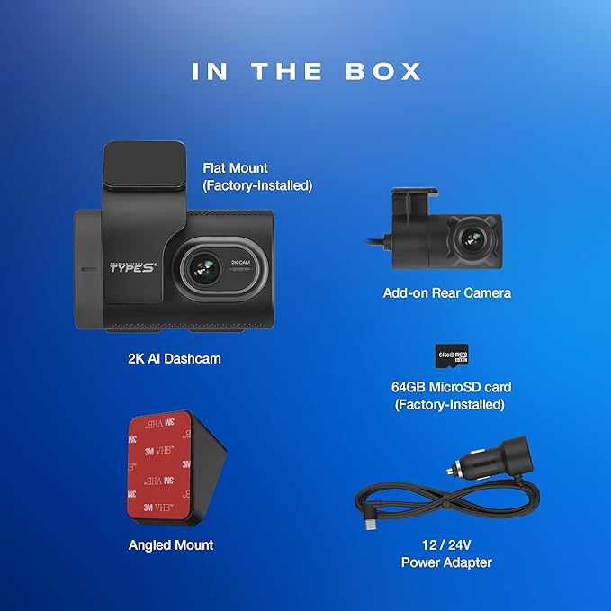 Type S T200 AI Driver Assistance Dash Cam Powered by ADAS, 1440p, Collision Alerts, Lane and Pedestrian Detection, Vehicle Departure Reminders, Front Rear 2 Channel Smart 24/7 Video Surveillance