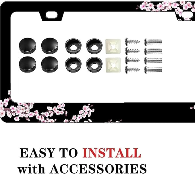 Cherry Blossom License Plate Frame-2 PCS Cherry Floral Flowers License Plate Holder Cover Car Universal Accessories Aluminum Car Tag Frames Fits Standard US Vehicles Size