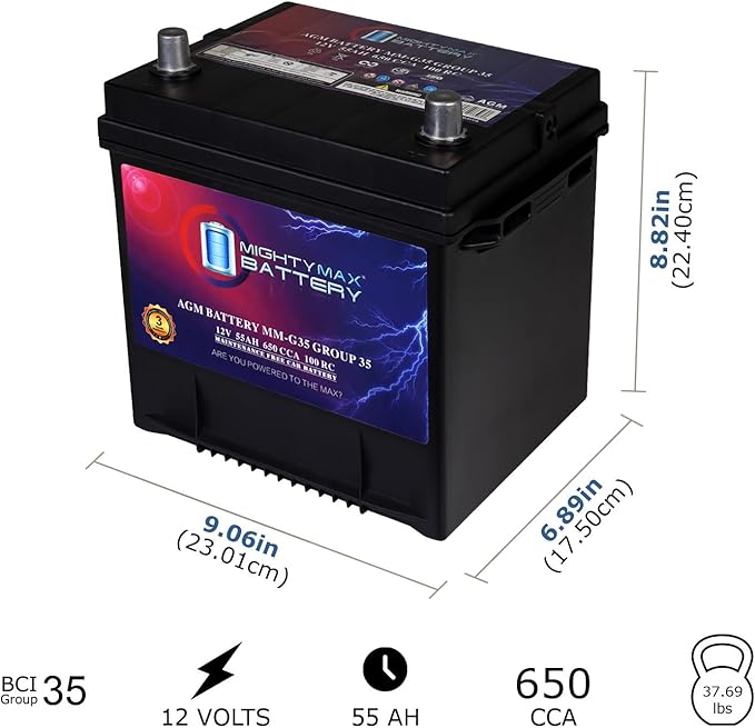 Mighty Max Battery MM-G35 Start and Stop Car BCI Group Size 35 12V 55Ah, 100RC, 650 CCA Rechargeable AGM Car Battery