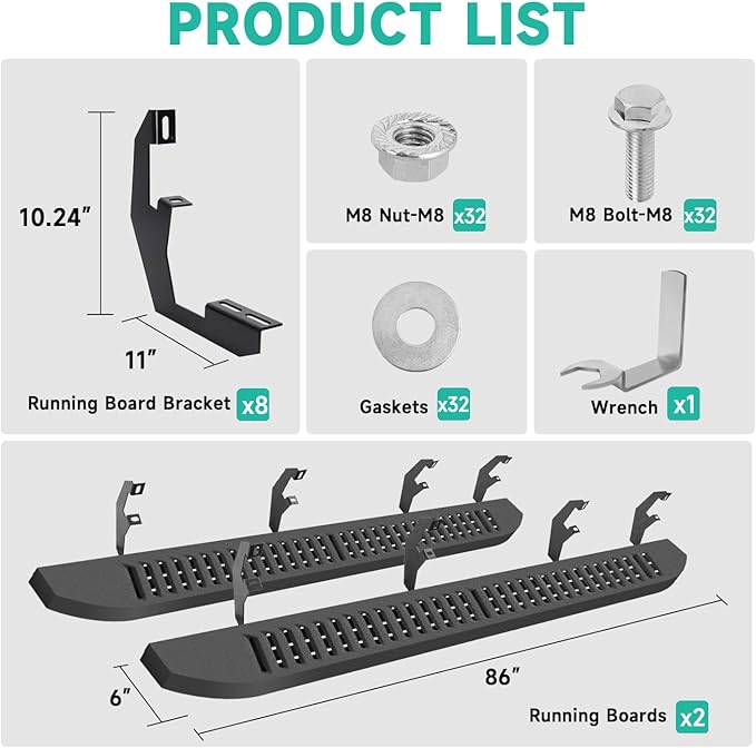 6'' Running Boards – Heavy-Duty Black Carbon Steel with Powder Coating – Compatible with 2019-2024 Silverado Crew Cab (Diagonal Slots)