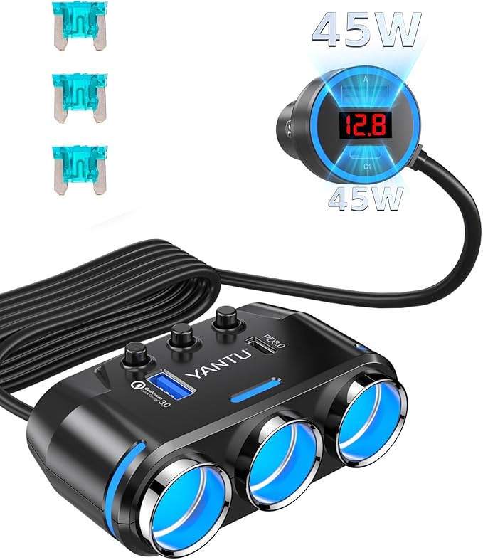 YANTU Cigarette Lighter Adapter/Splitter with PD&QC3.0 230W,Double/Dual USB C Car Charger Fast Charging 12V Outlet,Multi Socket Splitter with Ambient Lights/Independent Switches for Cars/Trucks/RVs