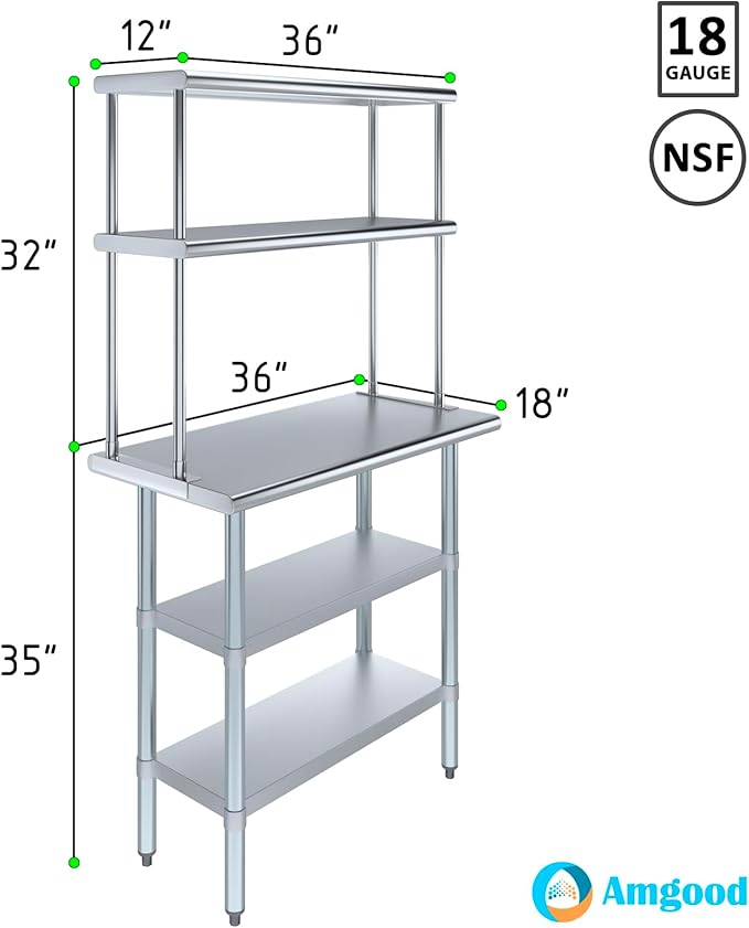 Amgood Stainless Steel Work Table with 2 Shelves | Metal Kitchen Prep Table & Shelving Combo (18" x 36" Table with 2 Shelves + 12" Overshelf)