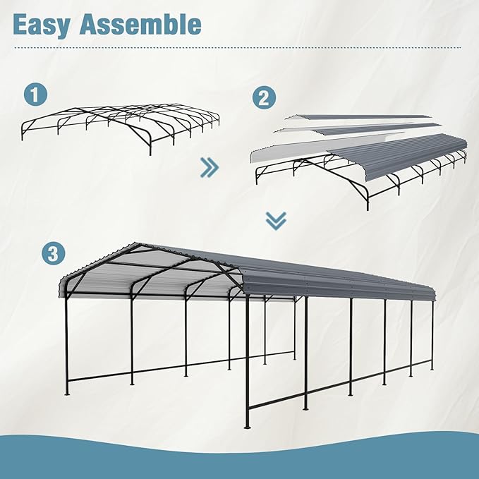 EBE 13' x 25' Metal Carport, Outdoor Steel Carport Canopy with Galvanized Steel Frame and Roof, Heavy Duty Garage Shelter Shade for Cars, Boats, and Truck