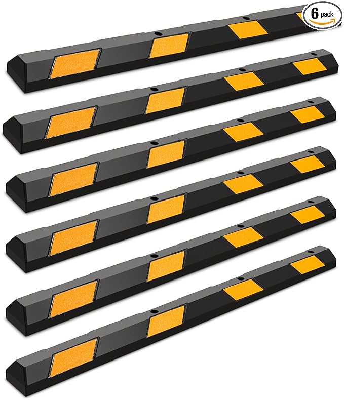 Rubber Parking Curb Garage Floor Stopper, 72" Heavy Duty Parking Lot Stopper with Yellow Reflective Stripes, Guide Wheel Stopper for Car, Truck, RV, Trailer, Driveway (6 Pack)