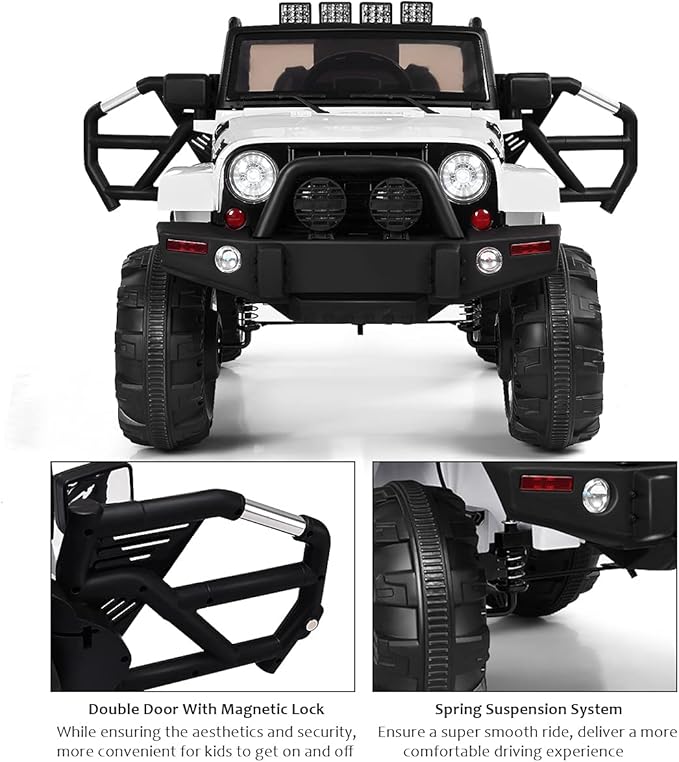 Costzon Ride On Car, 12V Battery Powered Electric Ride On Truck w/Parental Remote Control, LED Lights, Double Doors, Safety Belt, Music, MP3 Player, Spring Suspension (White)