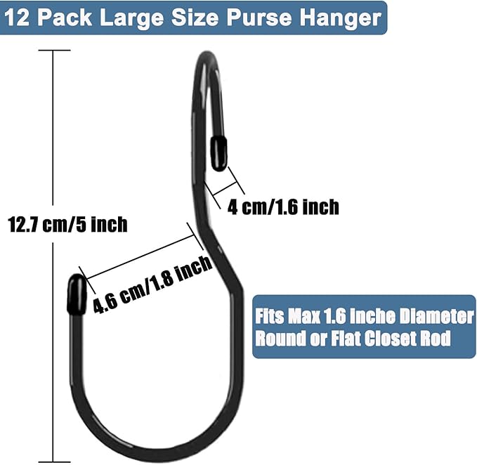 Purse Hanger for Closet, Unique Twist Design Bag Hanger Purse Hooks, 5 inch Large Size Closet Rod Hooks for Hanging Bags, Purses, Handbags, Belts, Scarves, Hats,Clothes, Pans and Pots (12 Pack Black)