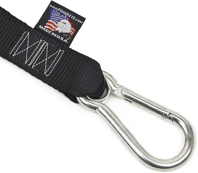 PowerTye - Made in USA - Extra Long Ratchet Tie Down Straps, Heavy Duty with Carabiner Hooks, Soft-Tye & Bag, for Motorcycle, ATV & Cargo, 1,000 lb WLL, 1.5 inch x 10ft Long, Green/Black (Pair)