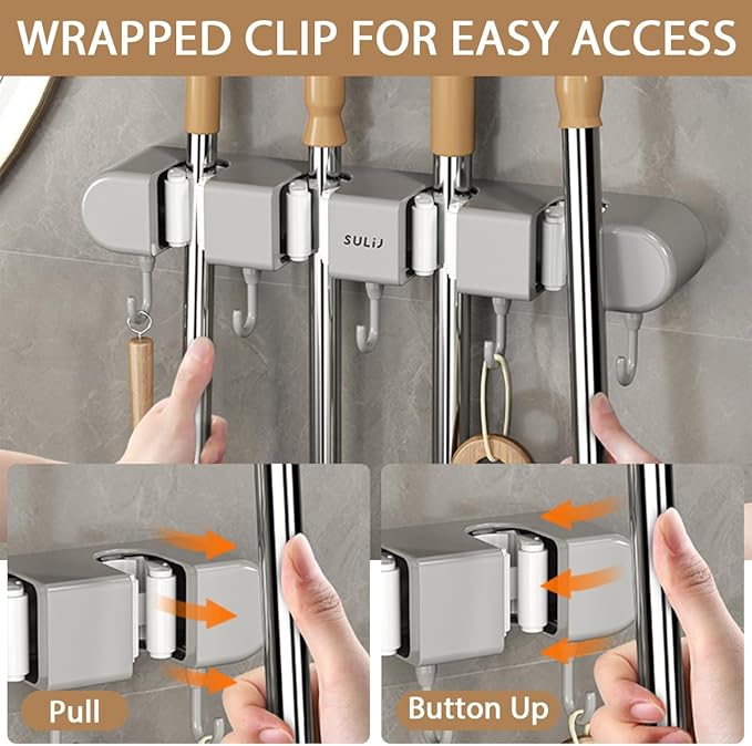 3PCS Broom Mop Holder with Hooks Wall Mounted Broom Storage Rack No Drilling Self-Adhesive Mop Broom Organizer Mop Holder Hanger for Bathroom Office Kitchen Closet Garage,Grey (3)