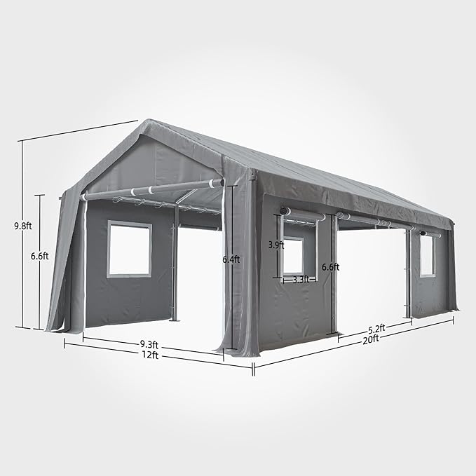 12x20ft Heavy Duty Carport Outdoor Canopy Portable Garage with 4 Doors & 4 Windows Waterproof UV Resistant Storage Shelter with Removable Sidewalls for Car Truck Boat, Gray