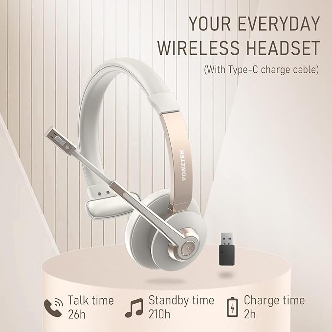 Wireless Headset, Bluetooth Headphones with Microphone Noise Canceling & USB Dongle, Singler-Ear Bluetooth Headset with Mic Mute for Cell Phone Computer Work Office Meetings Trucker Teams Skype Call