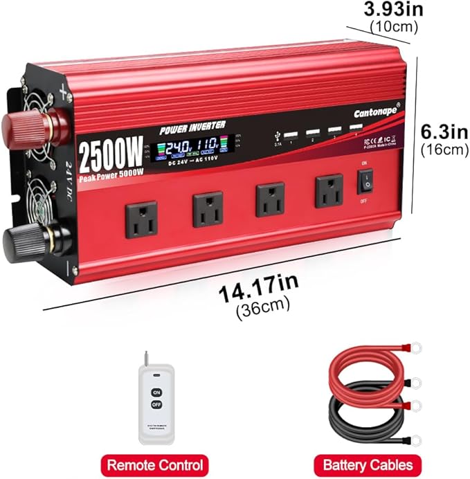2500W Power Inverter 24V to 110V/120V DC to AC with LCD Display, Remote Controller 4 x AC Outlets and 4 x 3.1A USB Car Adapter for Car Truck Boat RV Solar System